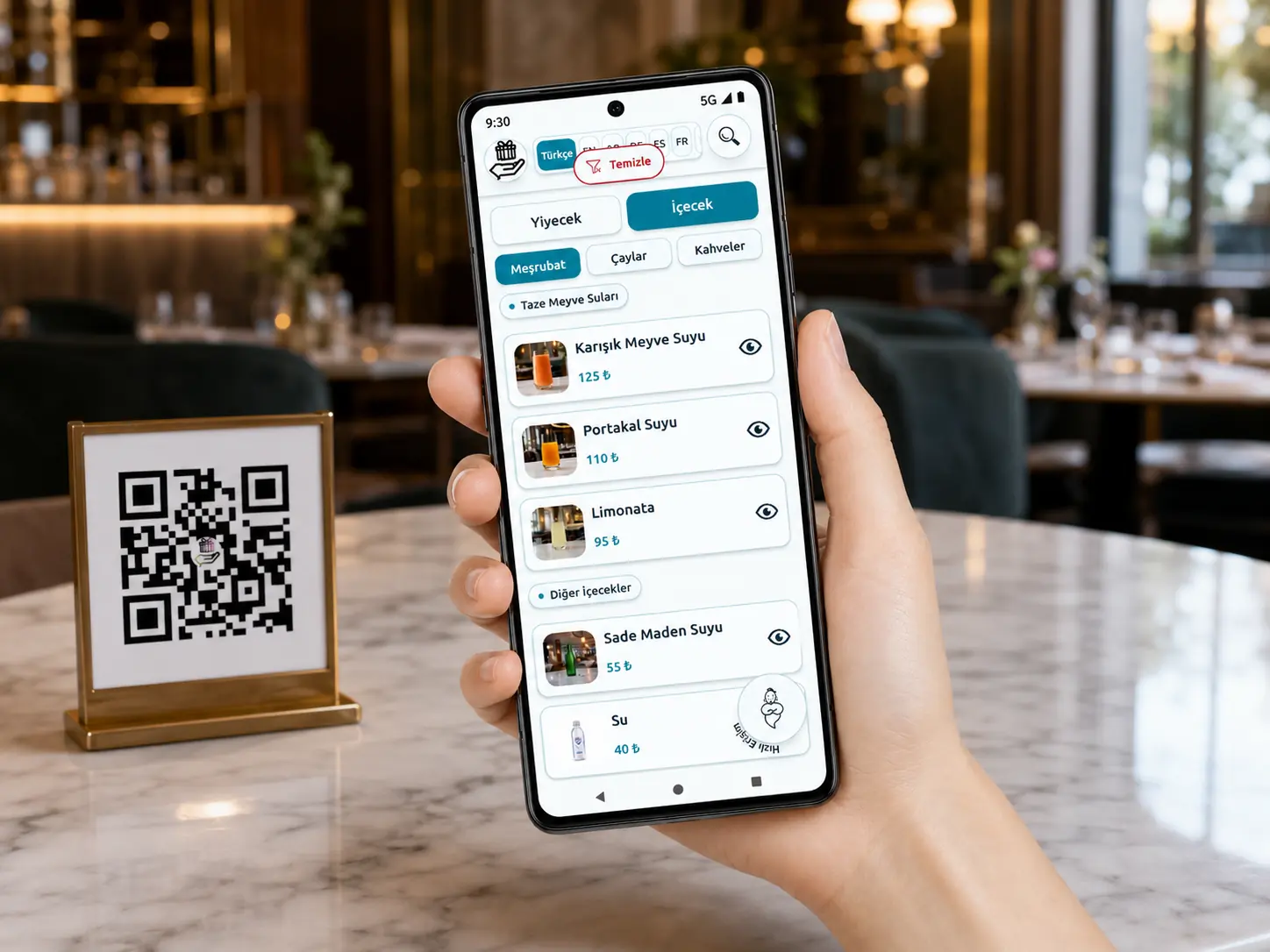 Em QR Menü ekran görüntüsü: yiyecek ve içecek kategorileri ile fotoğraflı ve fiyatlı ürün kartları